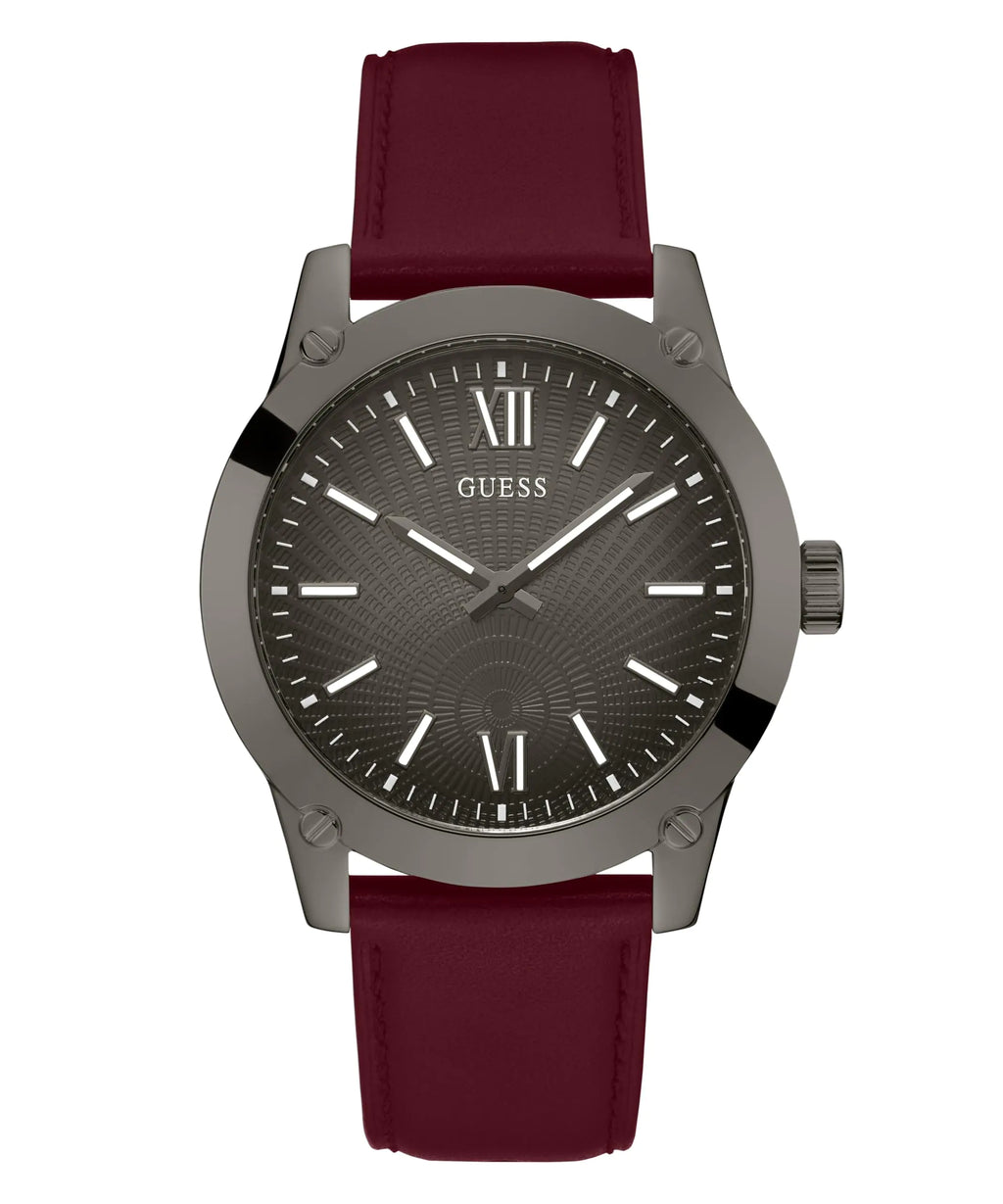 GUESS Mens 44mm Watch - Red Strap Gunmetal Dial Gunmetal Case