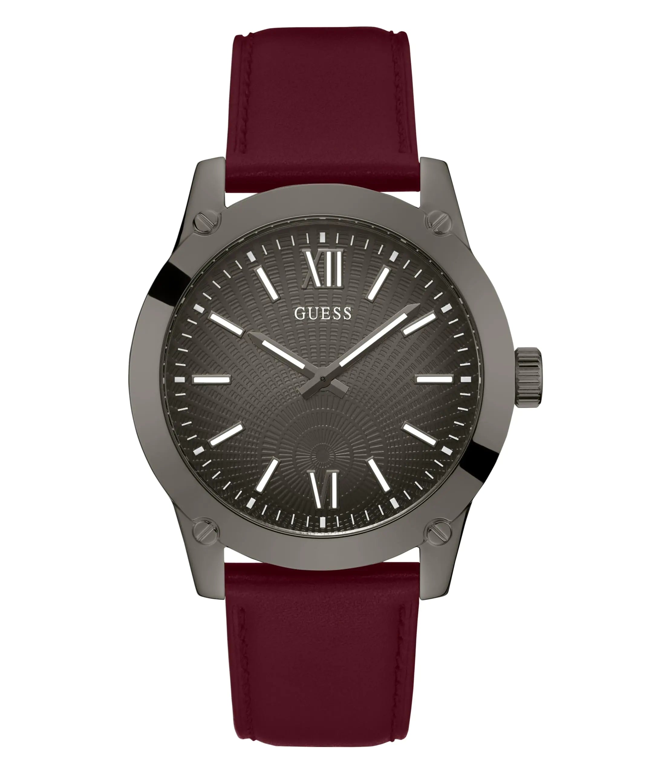 GUESS Mens 44mm Watch - Red Strap Gunmetal Dial Gunmetal Case